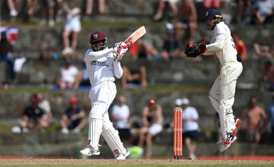 Nkrumah Bonner goes on the attack during his 123 against England on the third day of the opening Test on Thursday. (Photo courtesy CWI Media)