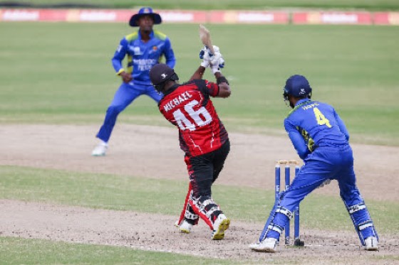 Red Force captain Darren Bravo goes on the attack during his unbeaten 139 against Barbados Pride on Sunday. (Photo courtesy CWI Media)