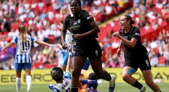 Khadija Shaw celebrates after opening the scoring for Manchester City against Brighton in the Women’s FA Cup Final.