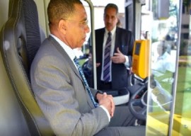 Prime Minister Andrew Holness in the driver’s seat of the new JUTC electric bus (JIS Photo)