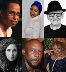 CARICOM Ambassador David Comissiong (L, top), keynote speaker for St. Martin Book Fair on June 2, 2022, and guest authors (clockwise), Habiba Cooper Diallo (Canada) (2nd L, top), Geoff Goodfellow (Australia), Yvonne Weekes (Barbados), Joseph H. Lake, Jr. (St. Martin), Mara Pastor (Puerto Rico).