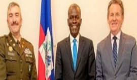 US Major Joseph Callaway, Defence Minister Jean Michel Moïse and US Ambassador Dennis B. Hankins following the meeting