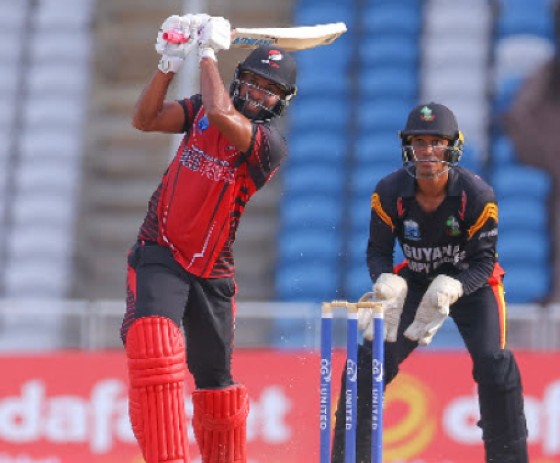 Yannic Cariah hits out during his top score of 71 not out against Guyana Harpy Eagles on Saturday. (Photo courtesy CWI Media)
