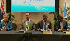 CARICCOM Chairman and St. Kitts and Nevis Prime Minister Dr. Terrance Drew, second from right, flanked by St. Lucia’s Prime Minister Phillip J Pierre , Jamaica’s Prime MInister Andrew Holness and CARICOM Secretary General Dr. Carla Barnett (CMC Photo)