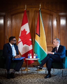 Prime Minister Mark Carney meets with President Mohamed Irfaan Ali of Guyana on the margins of the Canada 2020 Global Progress Summit, at the Royal York Hotel, in Toronto. yesterday. (Photo: Daniel Pereira/Office of the Prime Minister of Canada)