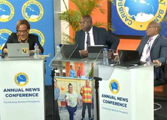 CDB acting president, Isaac Solomon (center) at the bank’s annual news conference on Tuesday (CMC Photo)