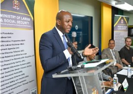Minister of Labour and Social Security, Pearnel Charles Jr., speaking at the launch of the Ontario Fruit and Vegetable Growers’ Association (OFVGA) Scholarship Programme.