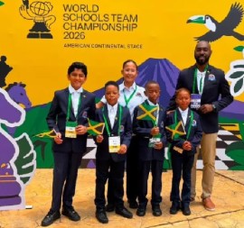 From left: Creative Kids Learning Academy team members Rajvir Shergil, Jayden Hylton, Principal Haedi-Kaye Holmes, Luke Wright, Izabel Misir, and Coach Warren Elliott at the World Schools Team Chess Championship. (Photo courtesy Jamaica Observer)