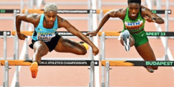 Devynne Charlton of The Bahamas (left) placed sixth in the women’s 100 metre hurdles at the World Athletic Championships.