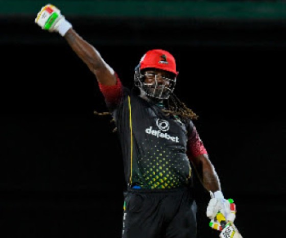 Tournament ambassador Chris Gayle celebrates after hitting the winning runs for St Kitts and Nevis Patriots. (Photo courtesy CPL Media)