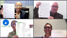 Stakeholders pen collaboration commitments: Signatories display their support during the virtual signing of the MOU. (Clockwise from upper left): Dr. Acolla Lewis-Cameron, University of the West Indies; Daniel Schaeffer, Foundation for Environmental Education; Kyle Mais, Caribbean Alliance for Sustainable Tourism and Caribbean Hotel and Tourism Association; and Joanna Moses-Wothke from Green Trinidad and Tobago.