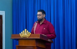 President Irfaan Ali at Friday’s press conference. (DPI)