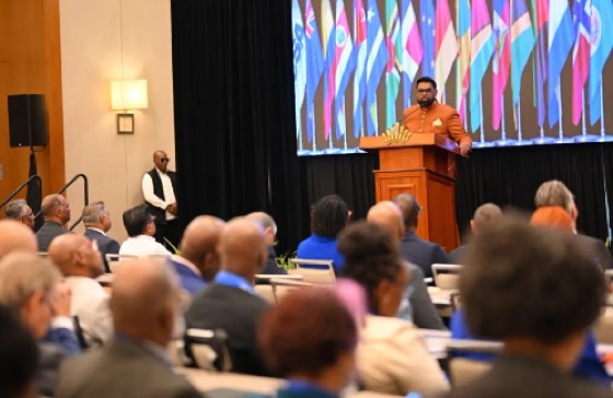 President Irfaan Ali addressing the 56th annual general meeting, conference and exhibition of the Caribbean Shipping Association (CSA) which ends on Wednesday