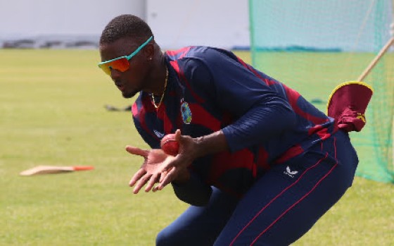 All-rounder Jason Holder catches during training ahead of the opening Test against India. (Photo courtesy CWI Media)