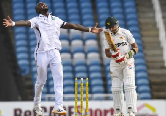 Jayden Seales celebrates one of his five wickets in Pakistan’s second innings.
