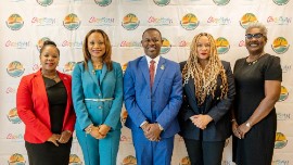 Grenada’s Minister of Tourism, Adrian Thomas (center) and Petra Roach, CEO of Grenada Tourism Authority (second from right), recently connected with their CTO colleagues in Barbados to advance plans for the Sustainable Tourism Conference. From left: Amanda Charles, Sustainable Tourism Specialist; Secretary-General Dona Regis-Prosper, and Sharon Banfield-Bovell, Director of Resource Mobilization and Development.