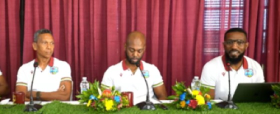 From left: CWI chief executive officer Chris Dehring; CWI president Dr Kishore Shallow and Director of Cricket, Miles Bascombe at CWIs quarterly press conference.