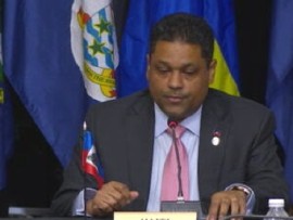 Laurent Saint Cyr speaking to reporters on Tuesday at the end of the CARICOM summit (CMC Photo)
