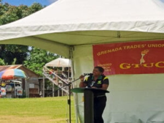 PWU president, Daisy Hazzard, addressing the Labour Day rally on Thursday (CMC Photo)