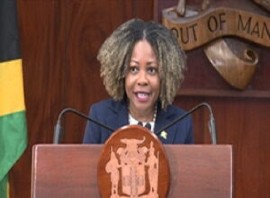 Information Minister, Dr Dana Morris Dixon, speaking at news conference on Wednesday (CMC Photo)