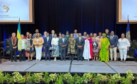 Prime Minister Phillip Davis (center) poses with delegates attending Commonwealth Women’s Affairs Ministers (WAAM) meeting in the Bahamas.