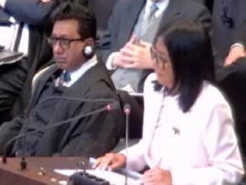 Venezuela’s acting President, Delcy Rodriquez, addressing the International Court of Justice (ICJ) on Monday in the presence of. Guyana’s Attorney General Anil Nandlally. (CMC Photo)