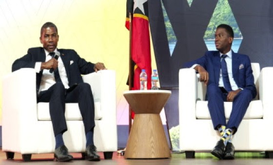 Prime Minister Dickon Mitchell of Grenada (right)and Dr. Terrance Drew of St. Kitts and Nevis at the CIS26 summit (St. Lucia government photo)