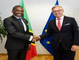 Prime Minister Dr. Terrance Drew (left) and the European Commissioner, Magnus Brunner, following their meeting on Monday (SKNIS Photo)