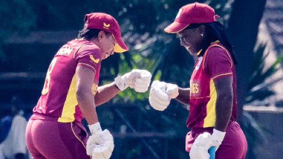 Player-of-the-Match Deandra Dottin (right) celebrates a moment with Chedean Nation during their partnership.