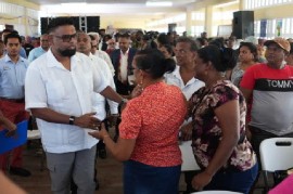 President Irfaan Ali meeting villagers at the start of the nationwide consultation programme on improving villages on Monday