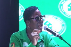 NNP leader Emmalin Pierre speaking at the “Better Grenada” rally at the National Stadium on Sunday night (CMC Photo