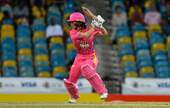 Erin Burns gathers runs through the off-side during her half-century against Guyana Amazon Warriors. (Photo courtesy CPLT20/Getty Images)