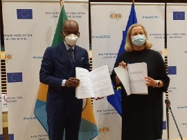 EU’s Commissioner Jutta Urpilainen (Right) and and Togo’s Foreign Minister Robert Dussey. (OACPS Photo)
