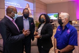 Minister of Tourism Hon, Edmund Bartlett (left) speaks with (L-R) Director of Tourism Donovan White, Deputy Director of Tourism, Marketing Camile Glenister and Peter Shoucair, Executive Producer, Jamaica Bridal Expo during the launch of the My Heartbeats JA microsite 