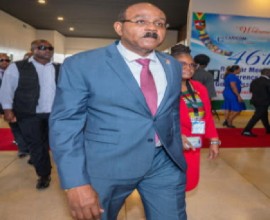 Prime Minister Gaston Browne at the CARICOM summit in Guyana (DPI Photo)