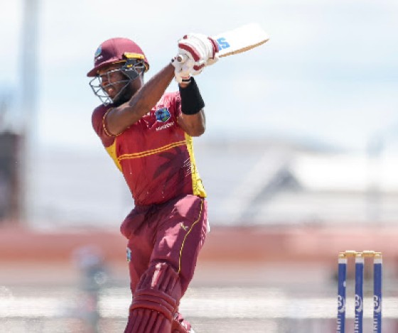 Matthew Forde hits out during his half-century for WI Academy on Wednesday. (Photo courtesy CWI Media)