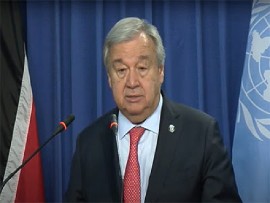 UN Secretary General Antonio Guterres speaking to reporters on Monday (CMC Photo)