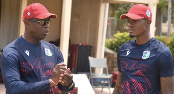 West Indies bowling consultant Otis Gibson (l) chatting with Alzarri Joseph during the ongoing CWI High Performance camp in Antigua. Photo: CWI Media