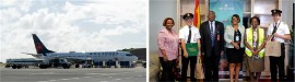 Above: Air Canada (L-R) - Kirl Hoschtialek, Chief Operating Officer, GTA; Captain John Petropoulos, Air Canada; Hon. Dennis Cornwall, Minister for Infrastructure and Physical Development, Public Utilities, Civil Aviation and Transportation; Nikoyan Roberts, Manager Nautical Development and Marketing & Sales (Ag), GTA; Christina Joseph, Chief Executive Officer (Ag), Grenada Airports Authority; First Officer Kirill Kisselev, Air Canada.