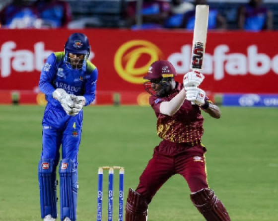 Opener Justin Greaves hits though the off-side during his unbeaten 95 against Barbados Pride on Thursday night. (Photo courtesy CWI Media)