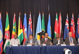 Agriculture, Fisheries and Mining, Hon. Floyd Green (second from left), addresses a press briefing during the 20th Caribbean Week of Agriculture at the Ocean Coral Spring Resort in Trelawny on Friday.
