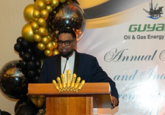 President Irfaan Ali delivering the feature address at the Guyana Oil and Gas Energy Chamber’s Annual Awards presentation dinner on Friday night.