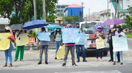Members of the Guyana Teachers’ Union participating in one of their protests last September.  (Orlando Charles’ photo)