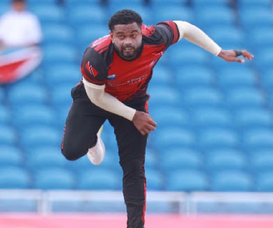 Fast bowler Terrance Hinds sends down a delivery during his four-wicket burst against Guyana Harpy Eagles in Wednesday’s first semi-final. (Photo courtesy CWI Media)