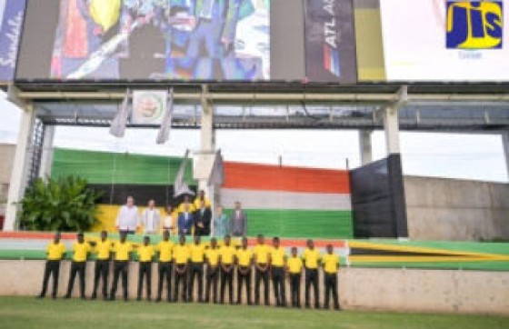 Prime Minister, Dr. the Most Hon. Andrew Holness (second row, fifth left), shares a photo opportunity with guests at Sabina Park in Kingston on Sunday (May 3) for the unveiling of a plaque to mark India’s gift of an LED electronic scoreboard and the unveiling of the India-Jamaica friendship logo. The guests are (from second row, left) Leader of the Opposition, Mark Golding; Jamaican High Commissioner to India, Jason Hall, Minister of Culture, Gender, Entertainment and Sport, Hon. Olivia Grange; Minister of External Affairs, India, Dr. S. Jaishankar; Minister of Foreign Affairs and Foreign Trade, Senator the Hon. Kamina Johnson Smith; and High Commissioner of India to Jamaica, Mayank Joshi. Also pictured are Jamaican cricketers Stafanie Tylor (back row, left) and Sheldon Cottrell (back row, right) and members of Jamaica’s Under-15 Cricket Team (front row).