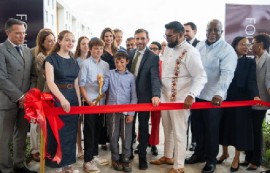 President Irfaan Ali watches as the ribbon is cut to open the US$30 million hotel on Thursday night