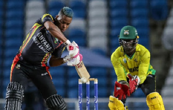 Left-hander Shimron Hetmyer hits through the off-side during his unbeaten half-century against Jamaica Scorpions on Saturday night. (Photo courtesy CWI Media)