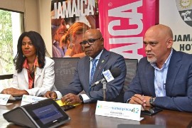 CHTA President Nicola Madden-Greig (left), Jamaica’s Minister of Tourism Edmund Bartlett, and Robin Russell, President of the Jamaica Hotel and Tourist Association, address the media during Caribbean Fireworks.