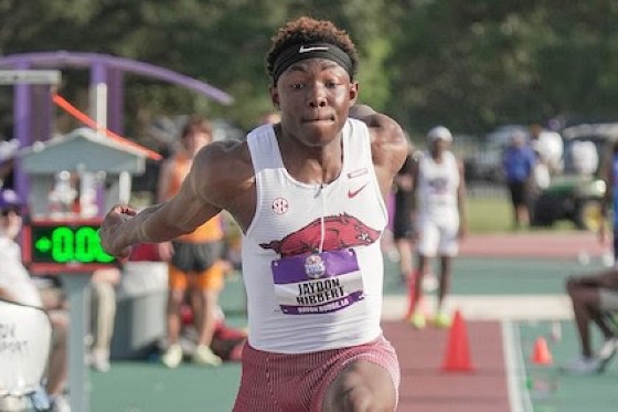 University of Arkansas triple jumper Jaydon Hibbert of Jamaica prepares to leap into the record books in the SEC Championship on Saturday at the Bert Moore Stadium in Baton Rouge, Louisiana, USA. (University of Arkansas photo)