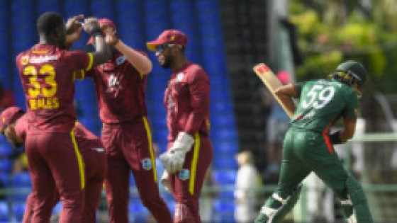 Jayden Seales (left) celebrates one of his four wickets against Bangladesh in the second ODI